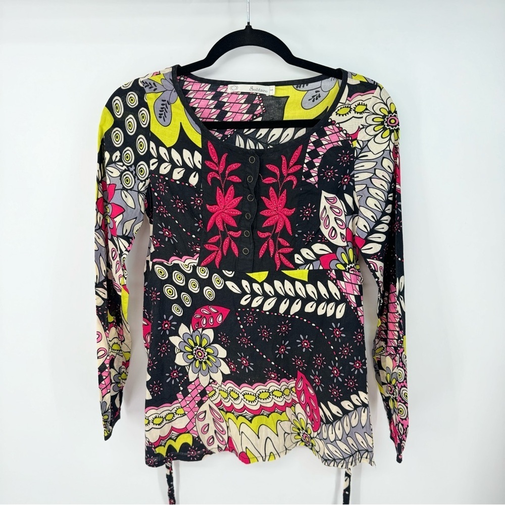 Solitaire Floral Hippie Bohemian Embroidered Colorful Beaded Back Babydoll Top